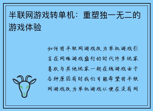 半联网游戏转单机：重塑独一无二的游戏体验