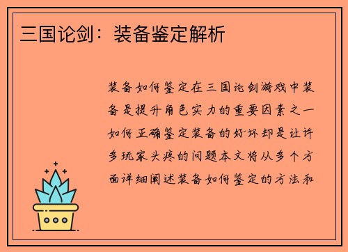 三国论剑：装备鉴定解析